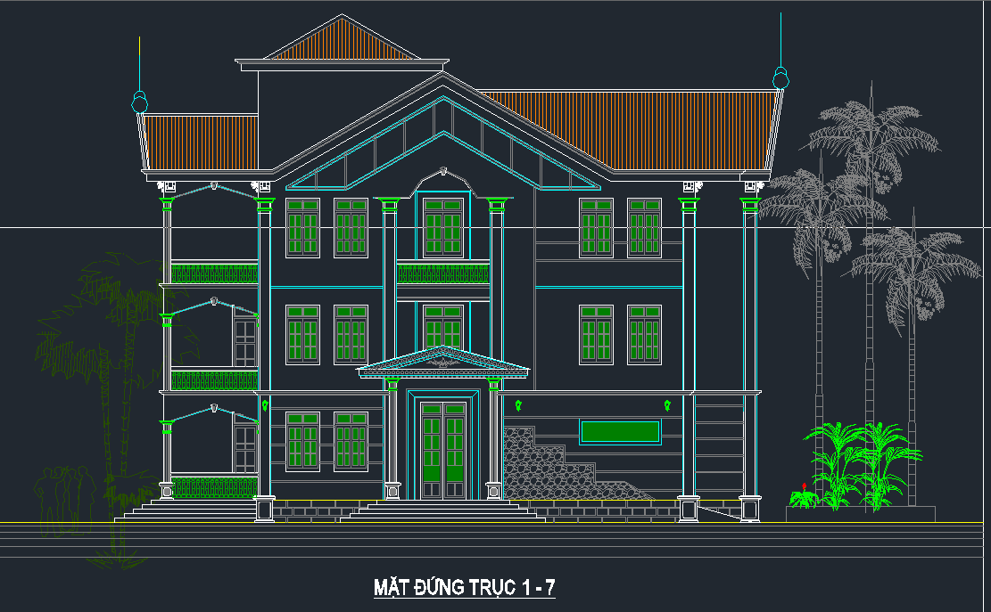 Bản vẽ thiết kế biệt thự 3 tầng đầy đủ kích thước 19.5x16.5m