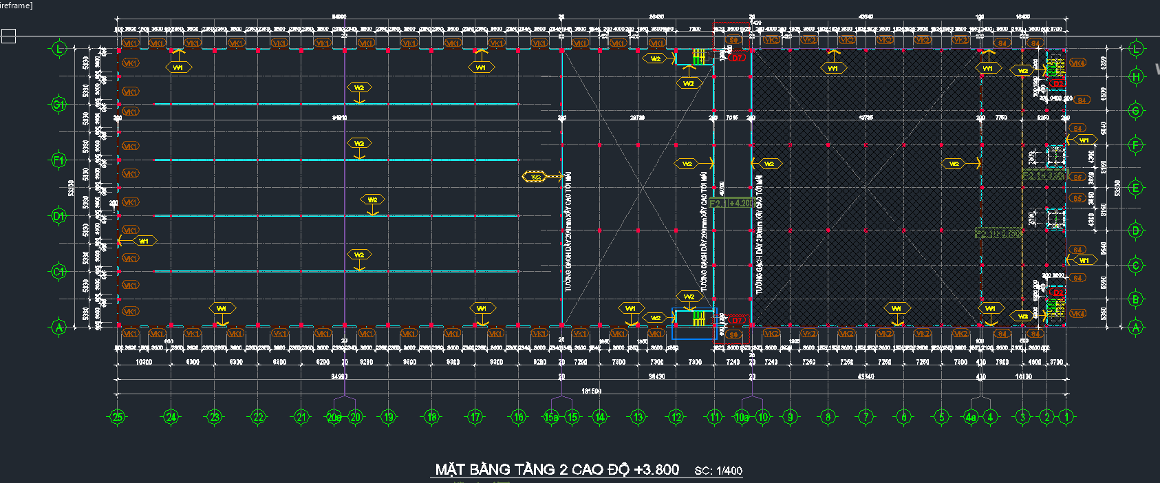 Bản vẽ Kiến Trúc + Kết Cấu nhà xưởng 2 tầng kích thước 181.5x53.3m (Thuộc nhà xưởng cấp 1)